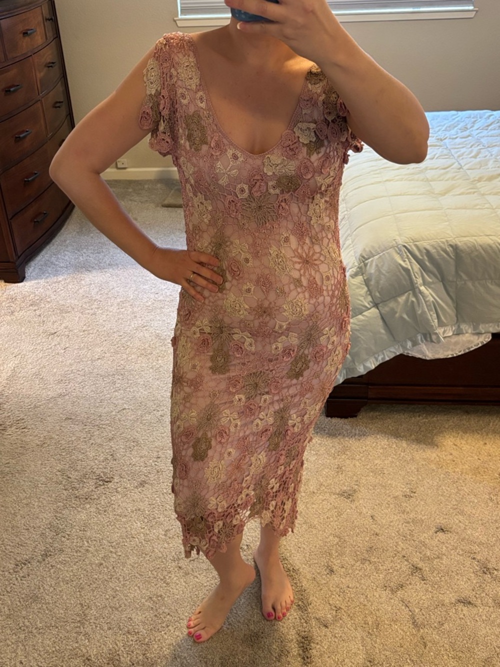 Vintage Karen Millen bohemian Crochet Floral Midi Dress in Pink and Cream 2 - Picture 4 of 8
